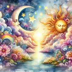 the sun and moon are in the sky above water with clouds, stars and flowers