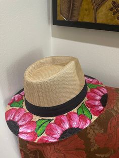 Beautiful hand painted flower hat- panama style Spring Multicolor Brimmed Panama Hat, Multicolor Brimmed Panama Hat For Spring, Multicolor Flat Brim Panama Hat For Spring, Adjustable Pink Panama Hat For Spring, Pink Panama Hat For Spring, Pink Floral Print Hat For Summer, Pink Bohemian Fedora For Spring, Pink Floral Print Summer Hat, Handmade Pink Fedora For Spring