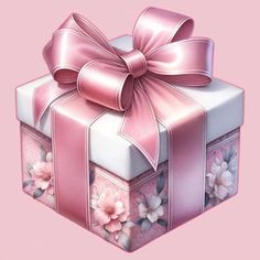 a pink and white gift box with a bow on it's top, sitting in front of a pink background