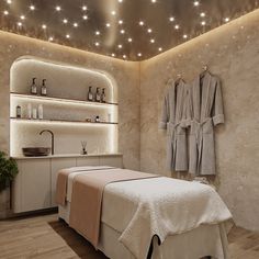 a spa room with towels hanging on the wall