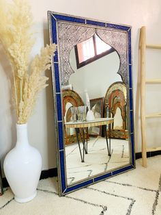 a mirror sitting on top of a floor next to a vase Moroccan Mirror Wall, Gold Floor Mirror, Large Gold Mirror, Large Floor Mirror, Vintage Wall Mirror, Large Bathroom Mirrors, Big Wall Mirrors, Moroccan Mirror, Mirror Handmade