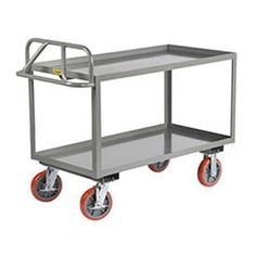 a metal utility cart with two red wheels and an empty tray on the bottom shelf