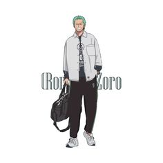 an anime character with green hair holding a black bag and wearing white sneakers, standing in front of the words ronzo