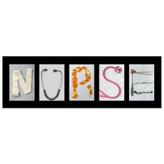 the word nurse written in different letters with medical supplies on top of it and an orange stethoscope next to it