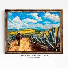 a painting of a man riding a horse on a dirt road in front of blue sky and clouds