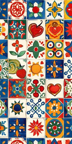 colorful tiles with different designs on them are arranged in the shape of flowers and hearts