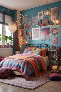 Vibrant boho bedroom with mismatched bedding, fairy lights, and eclectic gallery wall. Mismatched Bedding, Bedroom Wall Decor Ideas, Small Couch, Deco Studio, Maximalist Decor, Wall Decor Ideas, Bedroom Wall Decor, Dream Room Inspiration