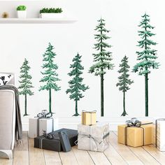 PRICES MAY VARY. 【What You Get】: Total 2 sheets/15.7x35.4 inch watercolor evergreen pine trees woodland forest tree wall decals, unique and vibrant pattern make your room look great, the finished size and pattern you can design it however you like. 【Material】: Our big christmas pine trees wall stickers are made of high quality vinyl material, which is safe and reliable, also easily removable without damaging your wall. 【Applications】: The large forest tree wall stickers are easy to use, just need to peel and stick, suitable for smooth surfaces like walls, window, door, floor, wooden, furniture. 【Occasions】: The Xmas woodland tree wall stickers are suitable to decorate dining room, bathroom, kitchen, kid's room, baby room, office, study room, bedroom, nursery, playroom, living room, classro Pine Tree Mural, Wall Decal Bedroom, Forest Wall Decals, Entryway Style, Christmas Wall Stickers, Living Room Classic, Bird Wall Decals, Pattern Leaf, Woodland Wall