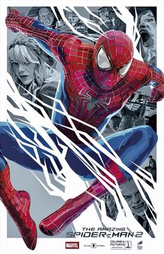 the amazing spider - man movie poster is displayed on a white background with black and blue accents