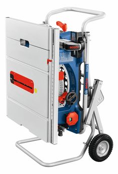 a small portable power washer with wheels on the front and side doors open to show the tools inside