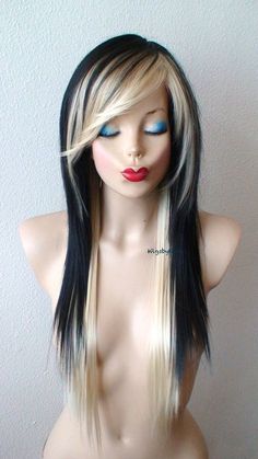 Scene wig. Black Blonde wig. Straight hairstyle long by kekeshop Layered Hair Side Bangs, Blonde Wig Straight, Hair Side Bangs, Blonde Pony, Scene Wig, Straight Hairstyle, Hairstyle Long, Straight Layered Hair, Side Bangs Hairstyles