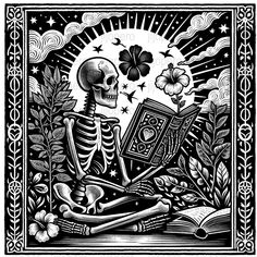 a skeleton reading a book with shamrocks and clovers around it, in black and white