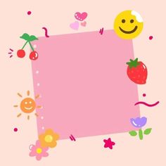 an image of a pink square with fruit and flowers around it on a pink background