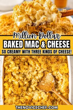 baked macaroni and cheese with text overlay