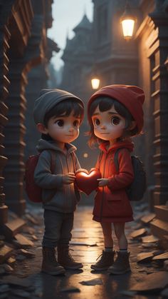 two children holding a glowing heart in the middle of an alleyway at night time