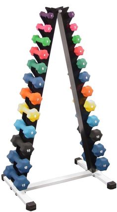 a rack with dumbs on it in the shape of a triangle and two rows of colored dumbs