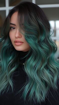 Short Hair, Blue Highlights: A Perfect Match Emerald Green Hair Balayage, Green Money Piece Hair, Green Ombre Hair, Emerald Green Hair, Haircuts For Girls, Hair Aesthetics, Best Ombre Hair, Dark Green Hair, Funky Makeup