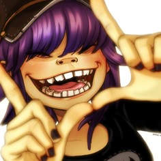 a woman with purple hair making the peace sign while wearing a black shirt and hat