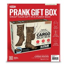 a box with an image of a pair of boots in it and the words prak gift box wrap your gift in a funny box