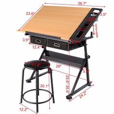 a drawing table with stools and a wooden top, measurements for the height of the desk