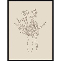 a black and white drawing of flowers in a vase on a beige background with the words,