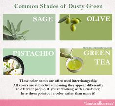 four different types of green teas with the words, common shades of dusty green sage