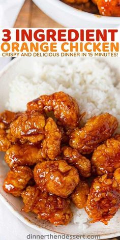 orange chicken is served with rice and sauce on the side for an easy, delicious dinner