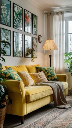 a living room with yellow couches and pictures on the wall above it's windows