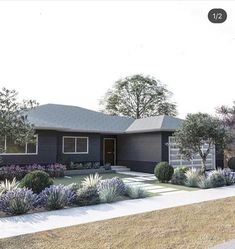 this is an artist's rendering of the front of a house with landscaping and shrubs