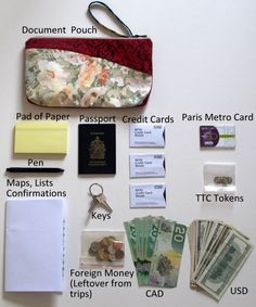 the contents of a purse laid out on top of a white table with notes, money and keys