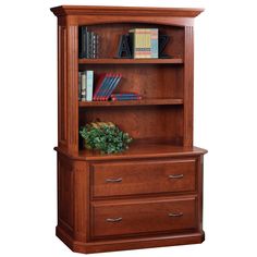 a wooden bookcase with two drawers and books