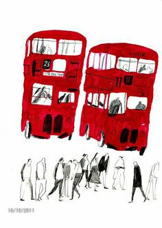 a drawing of two double decker buses with people walking by