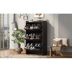 a black shoe rack in a living room