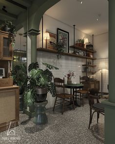 a room filled with lots of furniture and plants next to a wall mounted shelf full of books