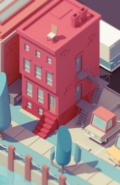 an animated image of a red building with stairs