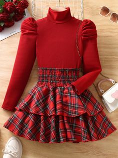 Red Casual Collar Long Sleeve  Plaid,Tartan  Embellished Non-Stretch  Tween Girls Clothing Christmas Plaid Skirt, Roses Nails, Plaid Print Skirt, Puffed Sleeve Top, Red Plaid Skirt, Trendy Christmas Outfits, Leg Of Mutton Sleeve, Christmas Clothes, Hem Skirt