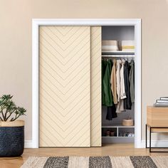 an open closet with clothes hanging on hangers and a rug in front of it