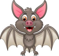 cartoon bat with big eyes and large wings, smiling at the camera while standing on its hind legs