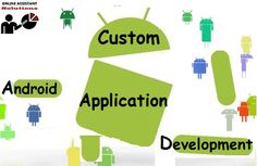 the words custom and application development written in different languages on top of an image of androids