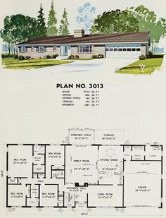 an old house with plans for the front and back of it, as well as another floor plan