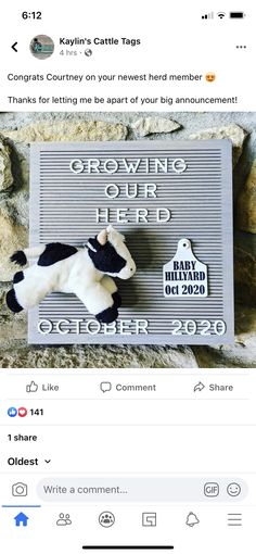 a facebook post with an image of a stuffed animal on it's side and the caption for growing our herd