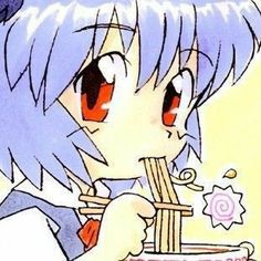 a drawing of a girl eating noodles with chopsticks in her hand and looking at the camera