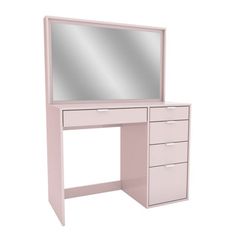 a pink vanity with mirror and drawers