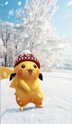 the pikachu is walking in the snow wearing a red hat and bandana