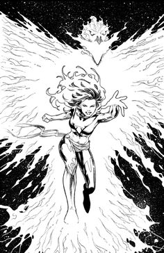 a black and white drawing of an angel flying through the air with her arms outstretched