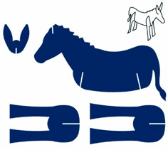 an image of a horse and two rabbits on the same page, with blue text below it