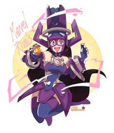 an image of a cartoon character holding a drink and wearing a witch costume with her hands in the air