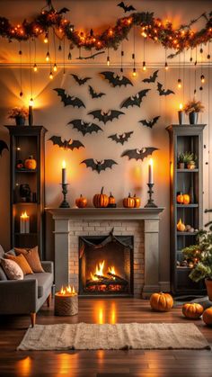 a living room decorated for halloween with pumpkins and bats hanging from the ceiling above