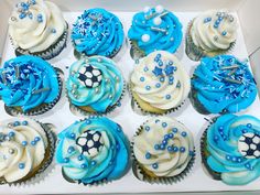 Blue Man City themed cupcakes for his birthday Messi Birthday, Manchester Football, Preston Lancashire, Vegan Cakes, Cupcakes Cake, Soccer Party, Character Cakes, Kitchen Shelf