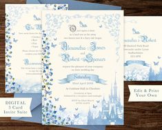 an image of a wedding card with blue and white flowers on it, next to a wooden background